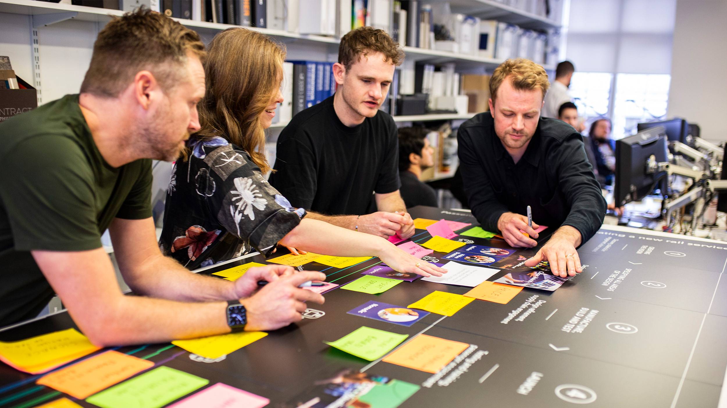 4 people around a table with sticky notes on it