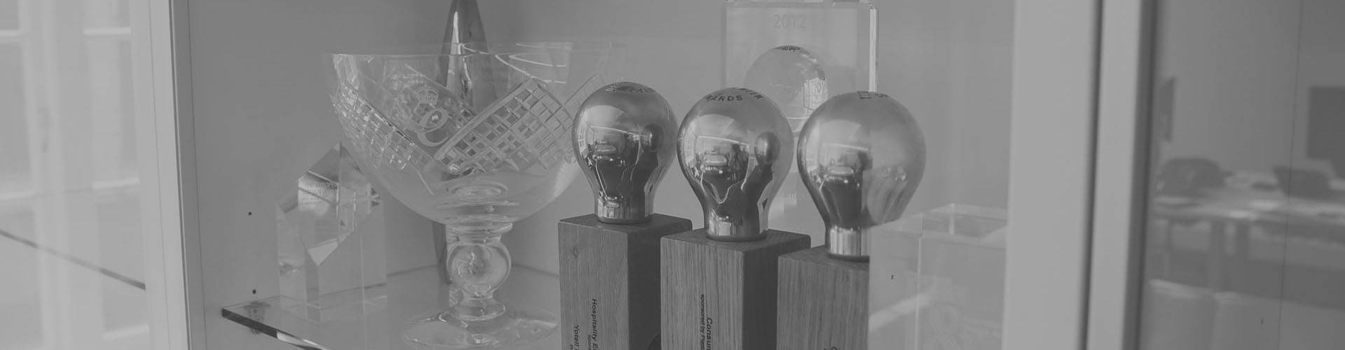 Awards displayed on a glass shelf