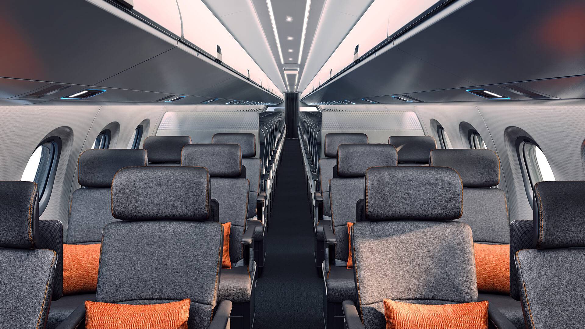 Embraer E2 Business Class Cabin showing staggered 4 abreast seating for improved passenger space and comfort