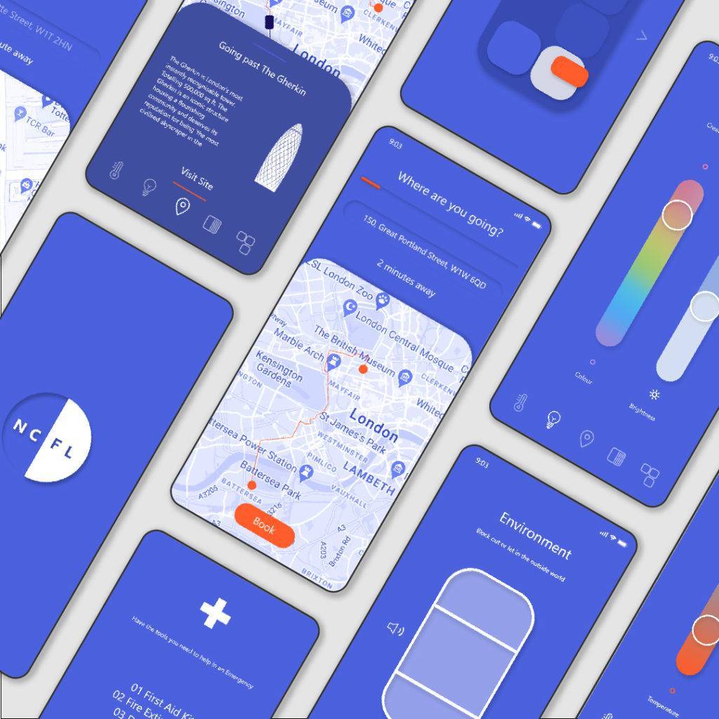 Artist's rendering of phones showing different screenshots of the APP for the New Car for London