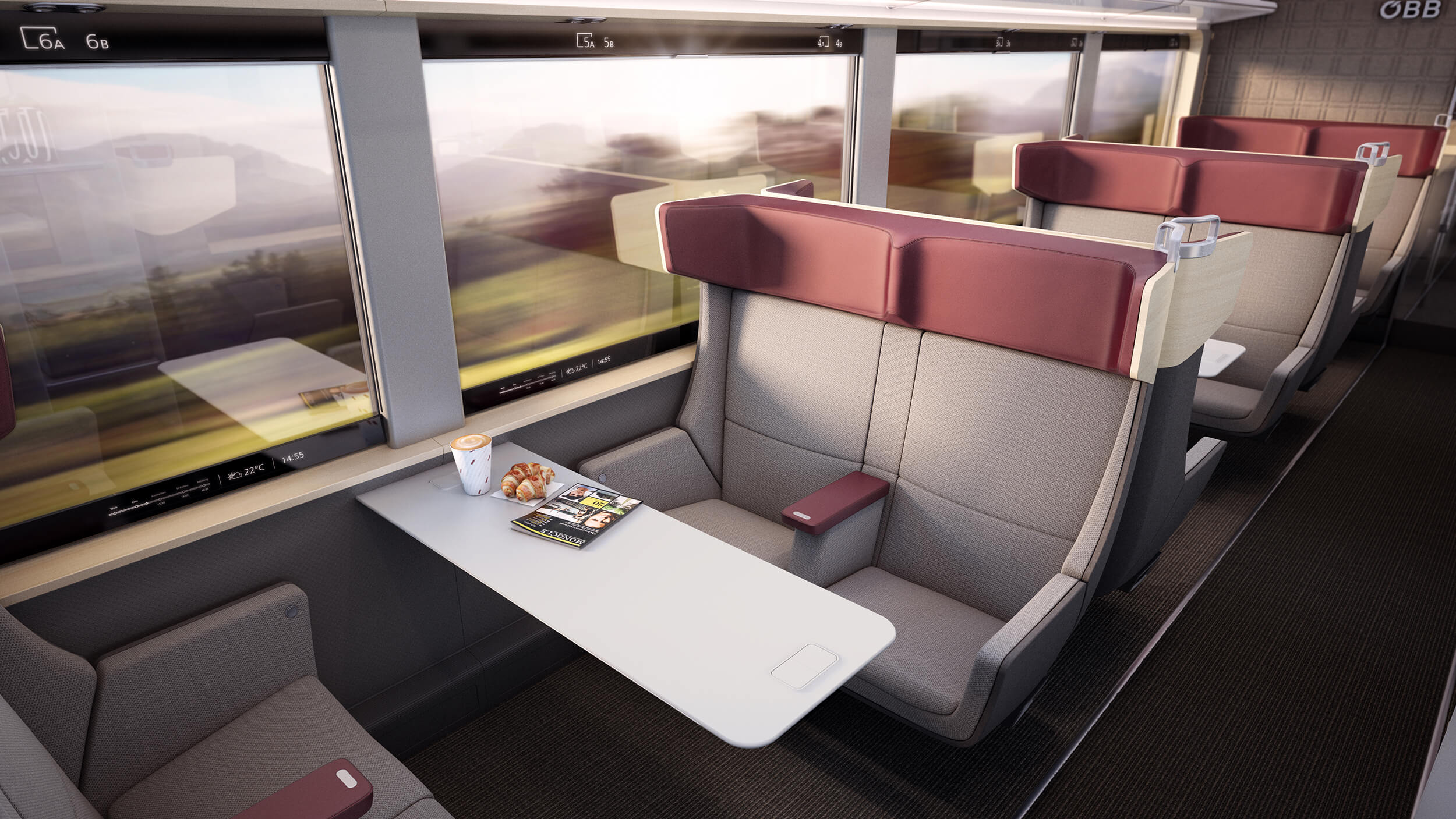 A train carriage with groups of four seats, each featuring a large table at the centre of each group