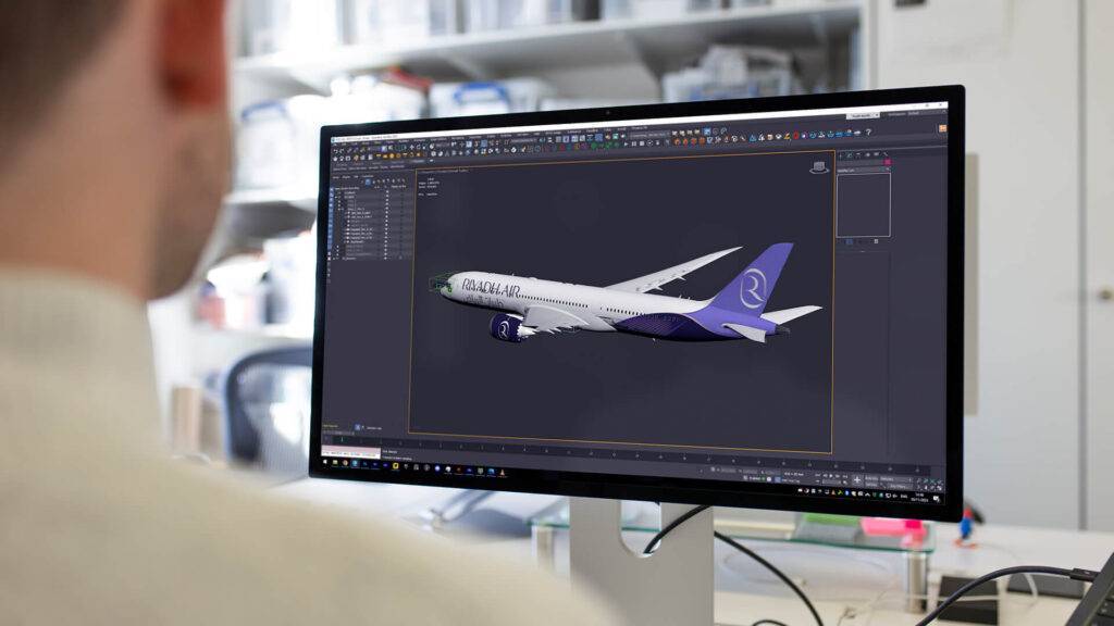 Riyadh Air work in progress shot, 3D rendering of white livery design