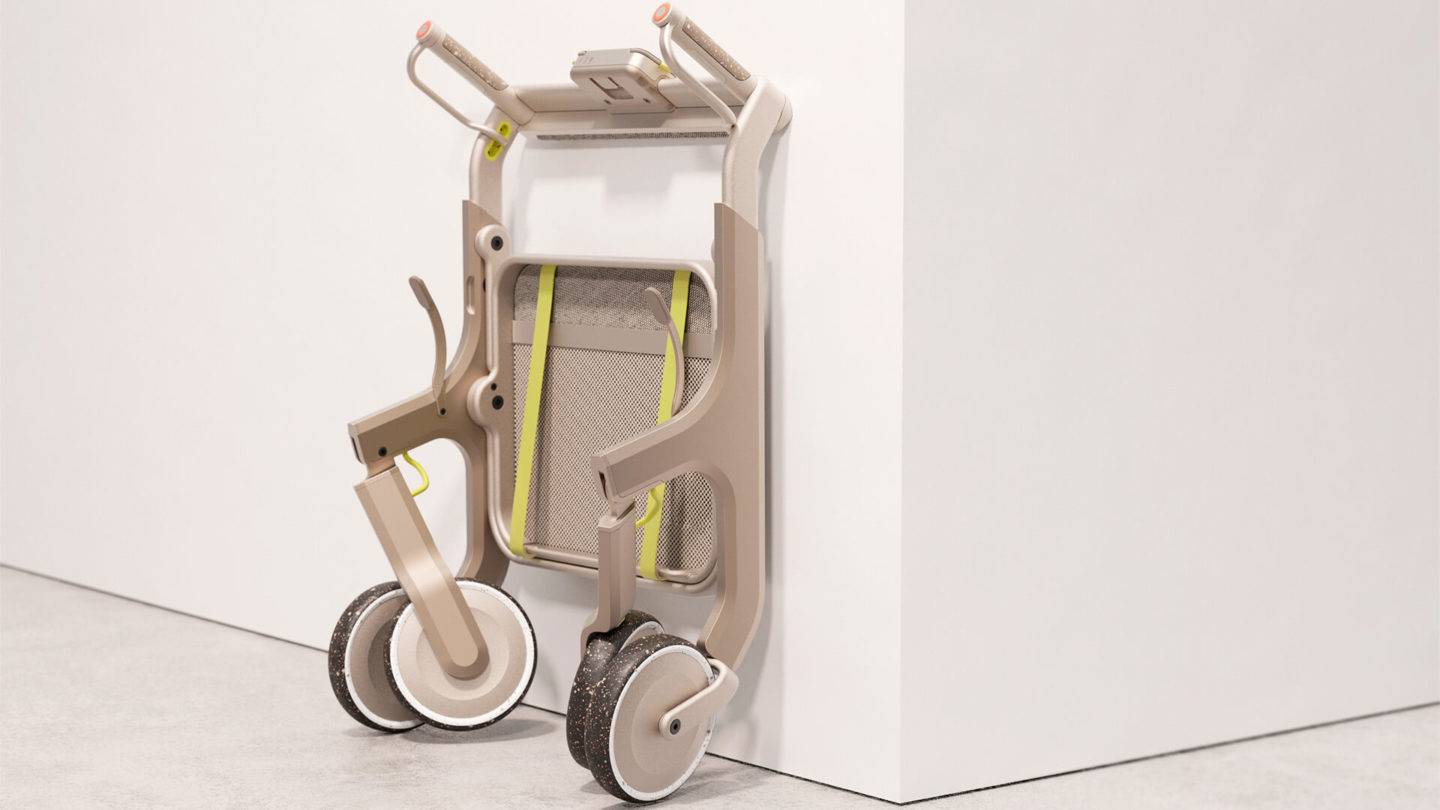 The WALKABLE in it's folded state leaning against a wall