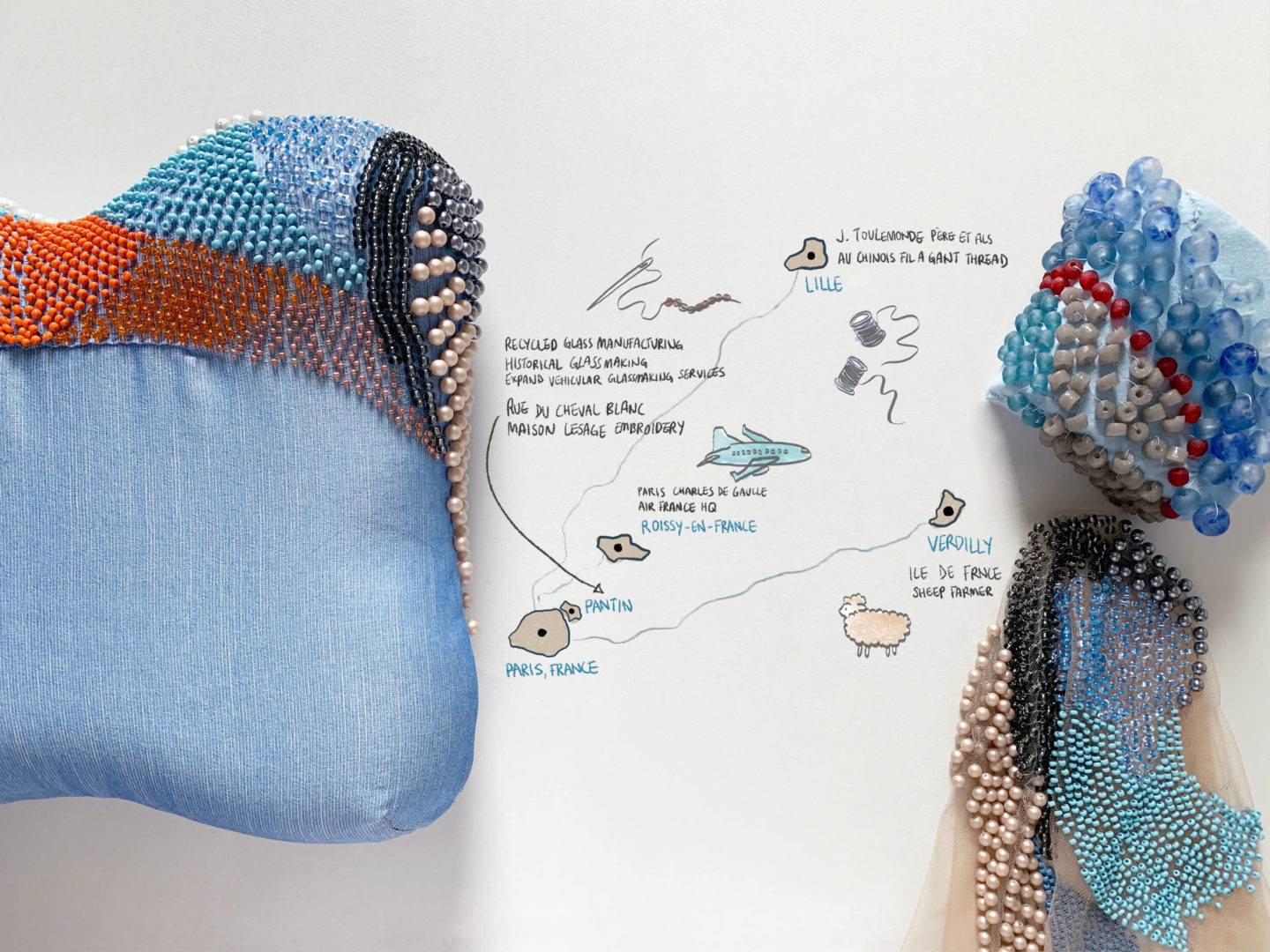 A head pillow with small beads in different colours, a sketch and some fabric and bead samples