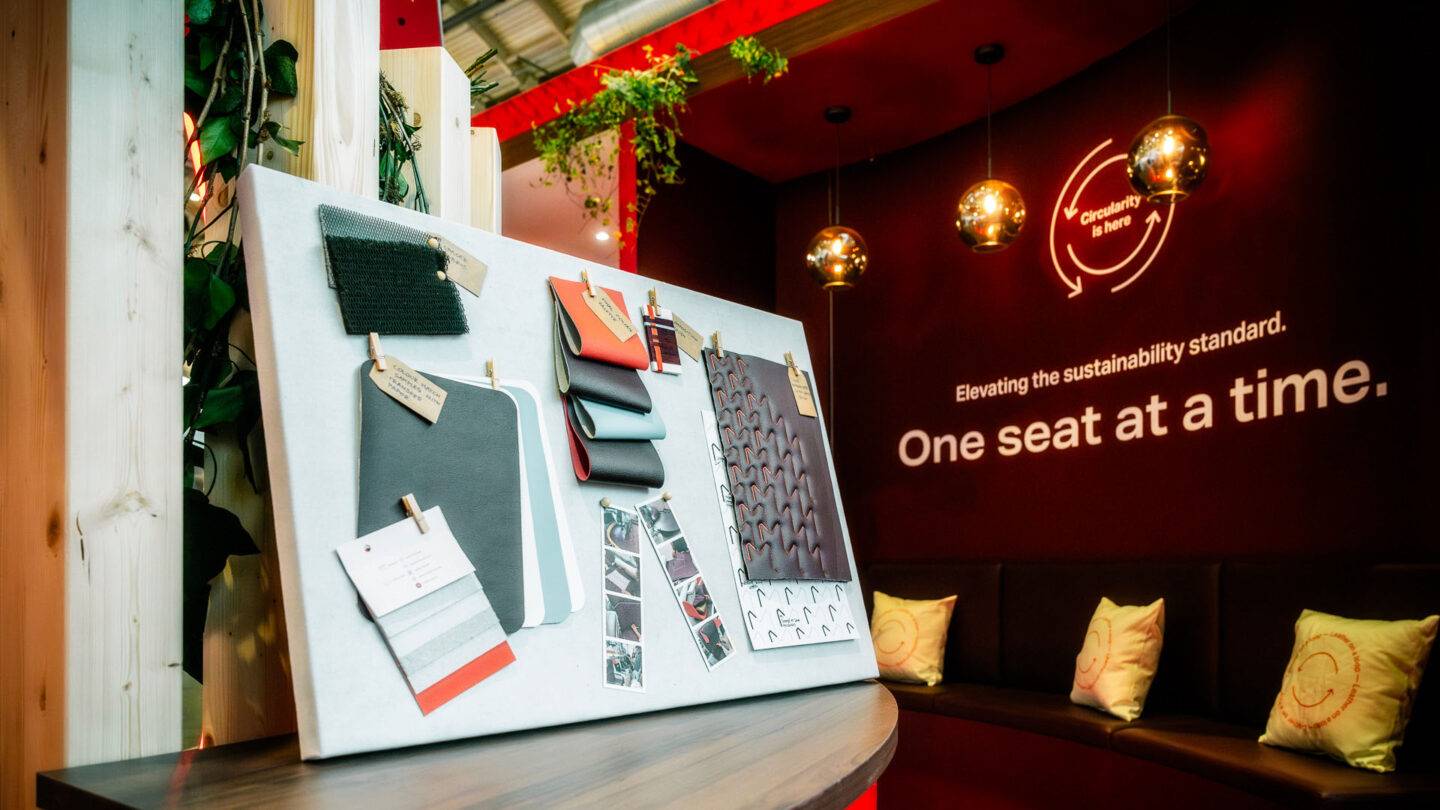 Mood board of material samples at GenPhoenix stand at AIX 2025