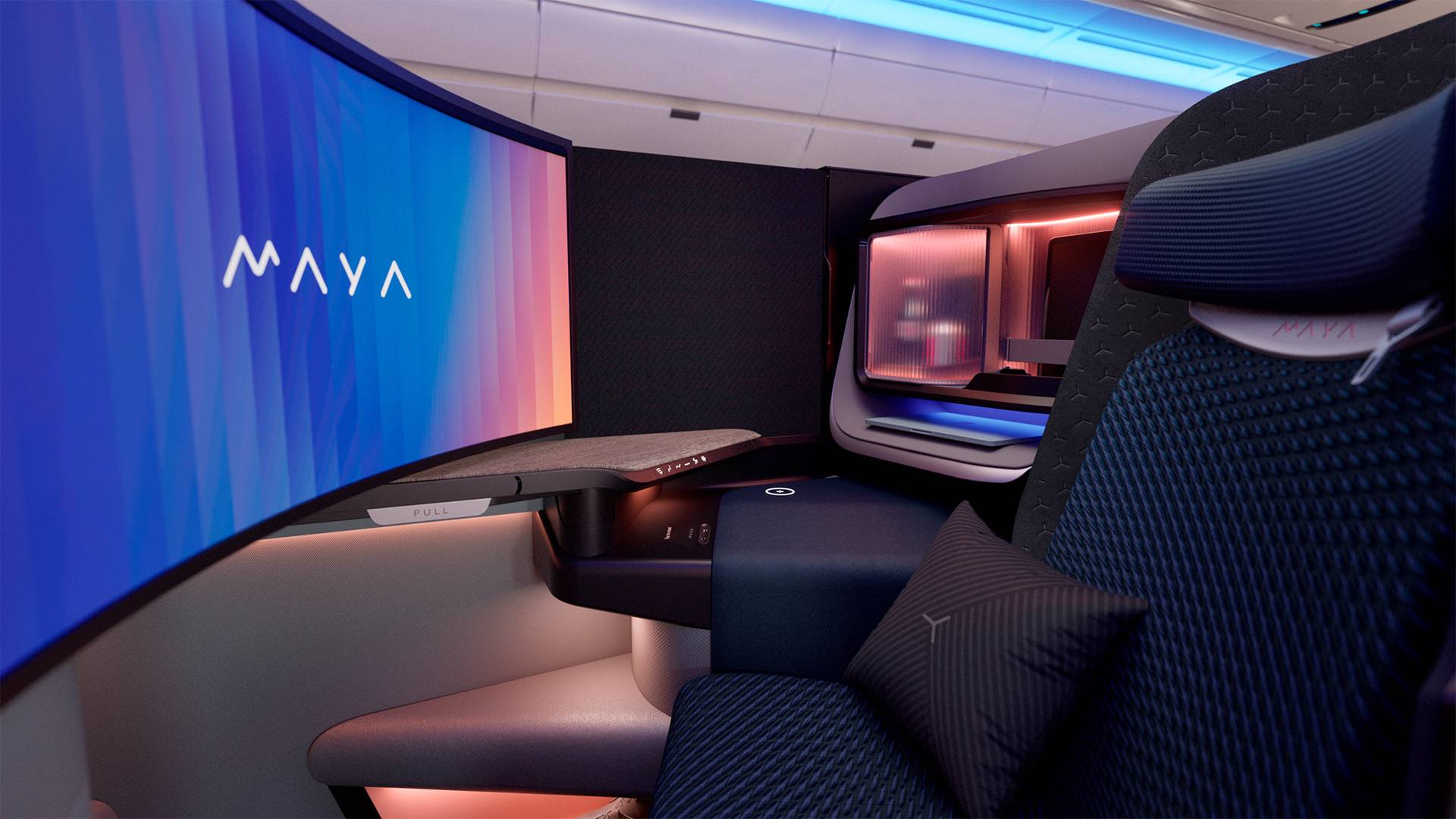 MAYA business class seat from Collins Aerospace and Panasonic Avionics with an ultra-wide curved screen.
