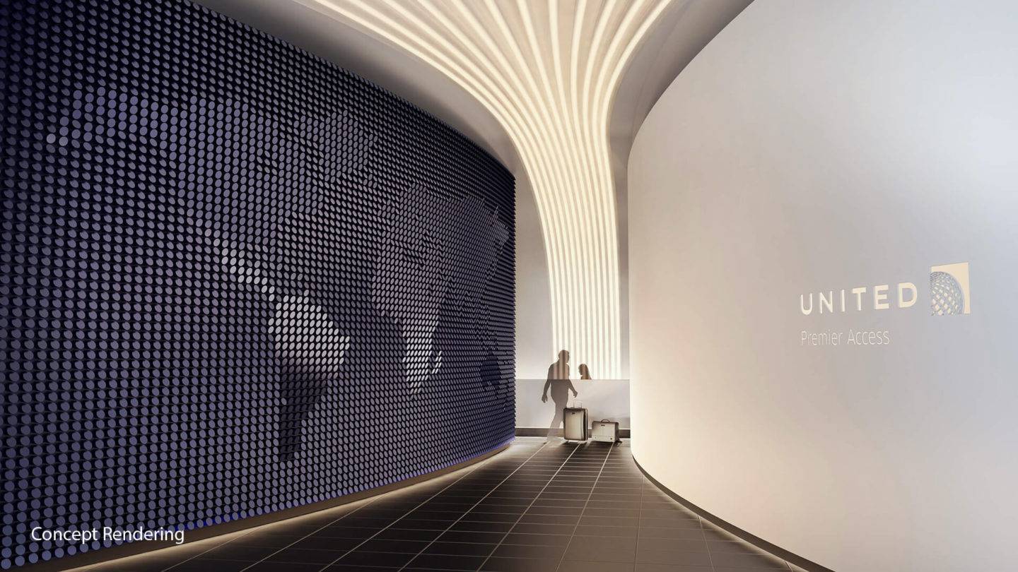 Artist's view of United Airlines way-finding and signage in an airport