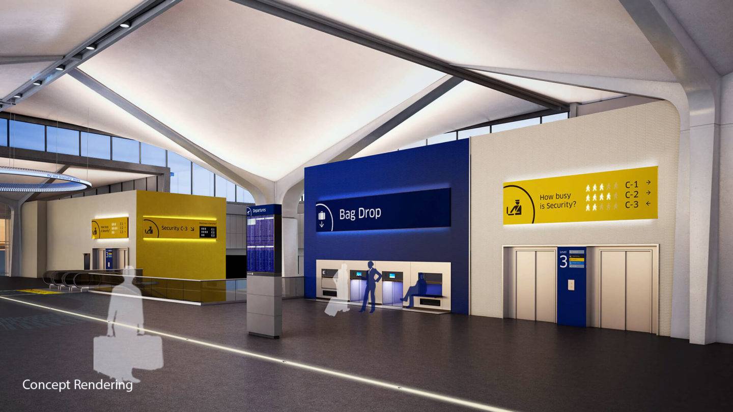Artist's view of United Airlines way-finding and signage in an airport