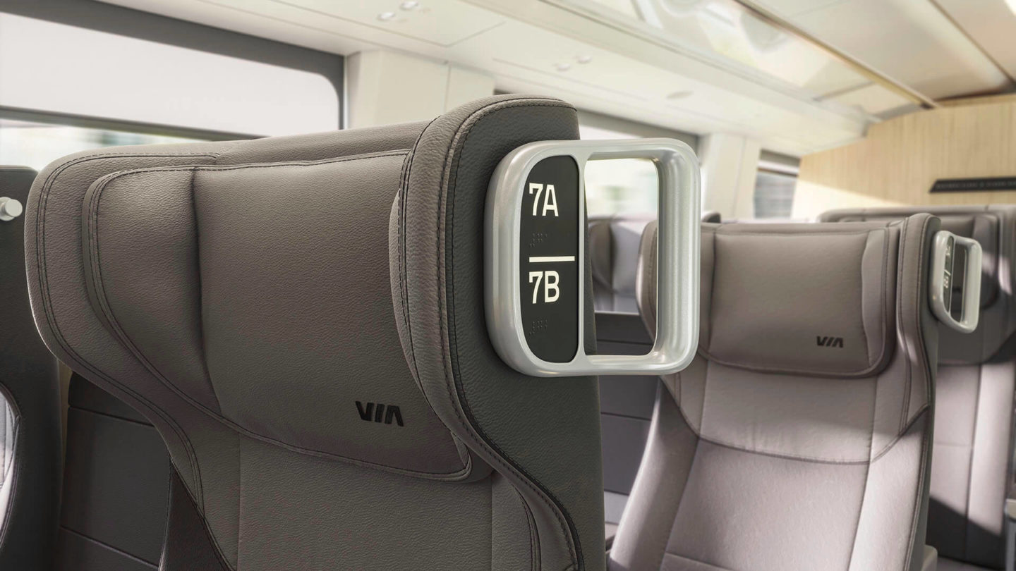 VIA Rail Seat detail showing the seat row number and handhold