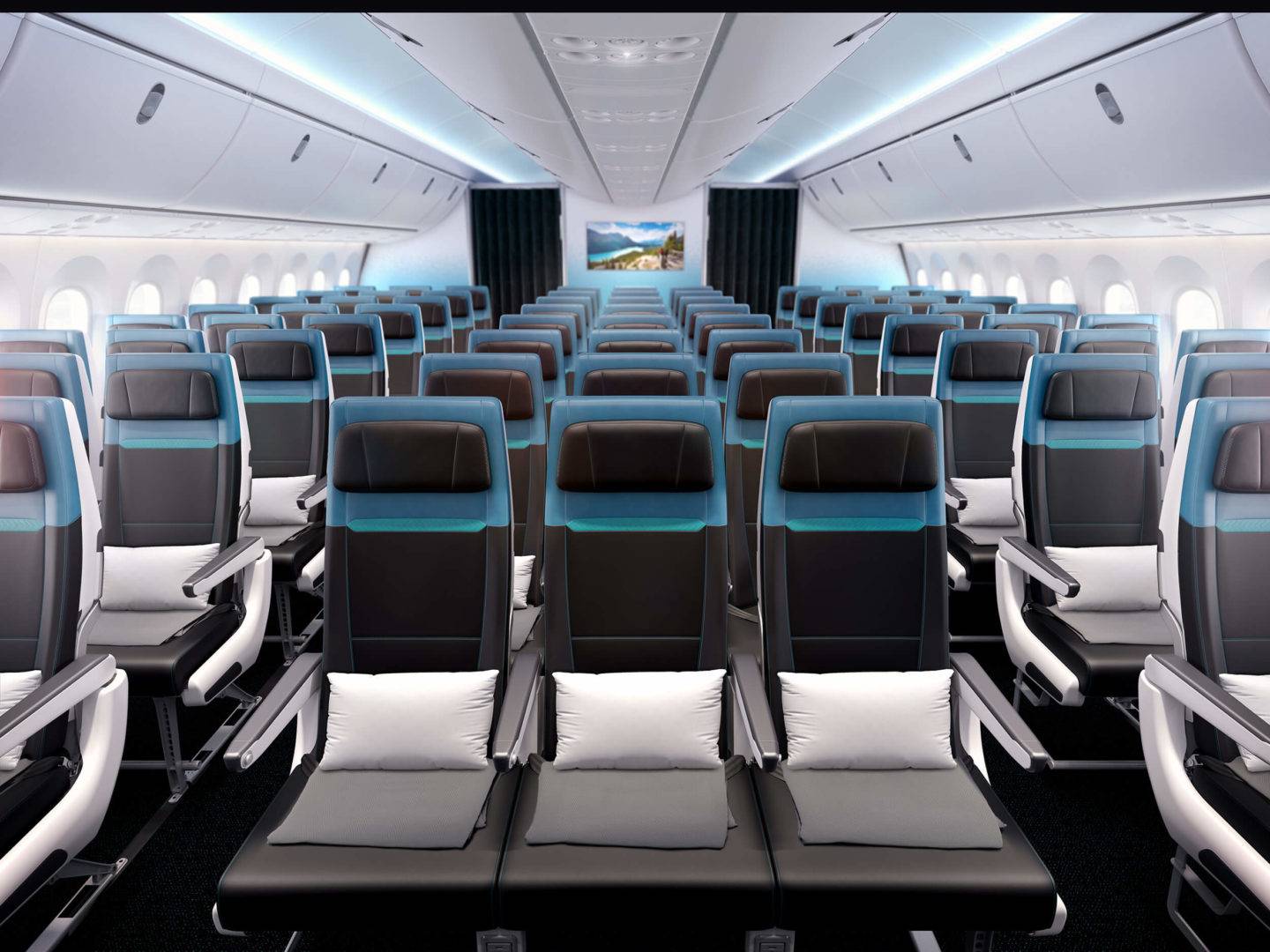 Full cabin view of the Economy Class cabin onboard WestJet's B787 aircraft
